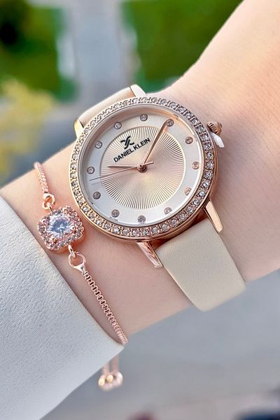 Daniel Klein Case Rose Cord Cream Color Leather Cord Women's Wristwatch And Bracelet