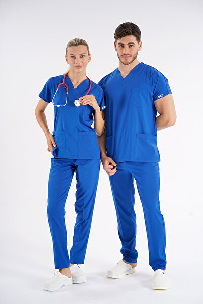 Lion Üniforma Saks Mavisi Dr. Greys Modeli Likralı Hemşire Forması Unisex Yar...