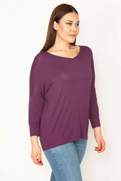 Şans Women's Plus Size Plum V-Neck Long Sleeve Basic Blouse 65n32855