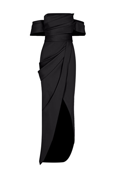 cercis Omuz Açık Drapeli Yırtmaç Detaylı Uzun Abiye Elbise