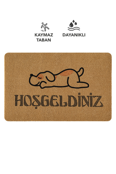 Cotto Home Coco Entry PS028A Köpekli Hoşgeldiniz Desen Kalın Kaymaz Taban Nem Alıcı Şık Kapı Önü Paspası