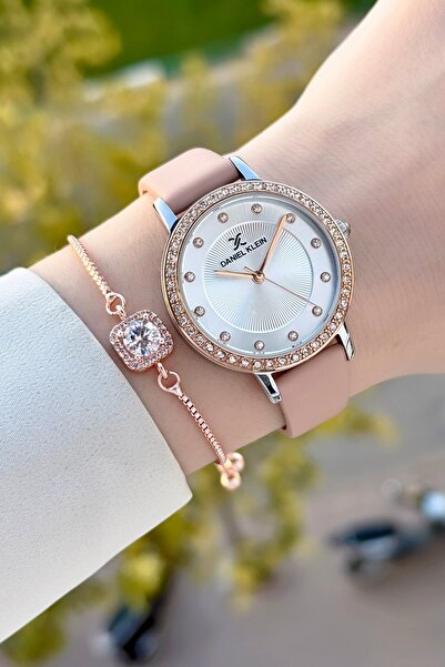 Daniel Klein Case Rose Silver Cord Powder Color Leather Cord Women's Wrist Watch and Bracelet