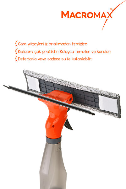 MACRO MAX Spreyli Cam Silme Aparatı, 3'ü 1 Arada Çekpaslı ve Mikrofiberli Camsil, İz Bırakmaz