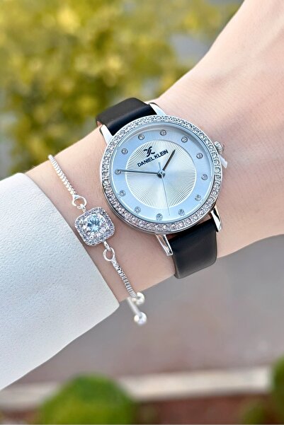 Daniel Klein Black Color Leather Cord Women's Wristwatch and Bracelet