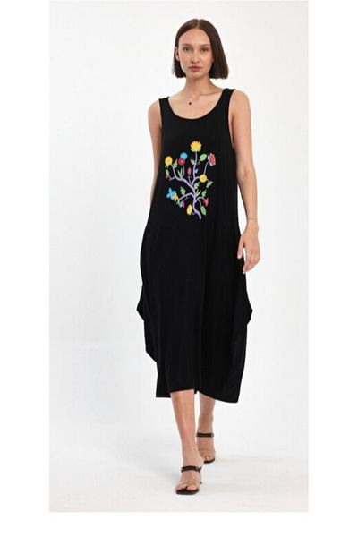 atelyu Women's Black Printed Midi Length Summer Casual Dress with Front