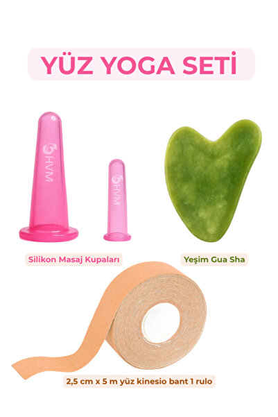 HVM Yüz Yoga Seti 4 Parça, Silikon Masaj Kupası, Kinesiology Face Tape ve Yeşim Gua Sha