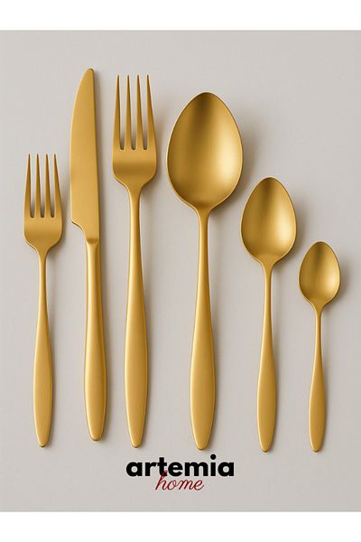DMR LİFE Gold Dine 18 Piece Dessert Spoon/Fork/Knife Set |   Matte Gold |   6 People |   18/10 Stainless Steel