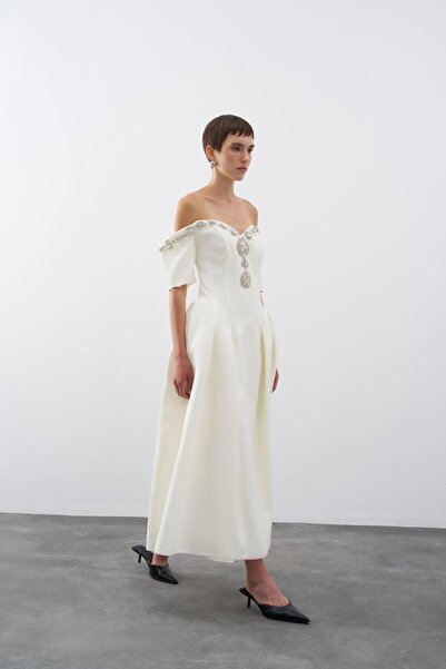 cercis Taş işlemeli Düşük Omuz Pileli Midi Abiye Elbise