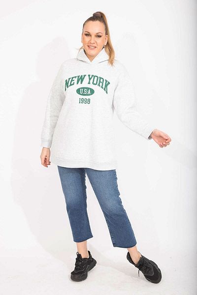 Şans Women's Large Size Gray 3 Thread Thick Sweatshirt with Ribbon Inside 65n35491