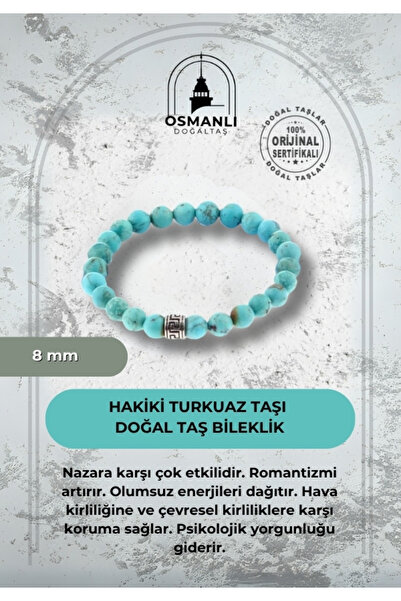 OSMANLI DOĞAL TAŞ Sertifikalı Hakiki Turkuaz Taşı Doğal Taş Bileklik-8mm B180