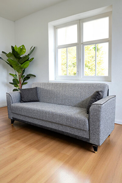 Niron Sandıklı Yataklı 3'lü Kanepe - Gri Keten Kumaşlı Yüksek Ayaklı Çekyat, Üç Kişilik Koltuk