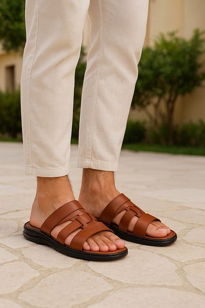 Growish Gr0289 Inside and Outside Genuine Leather Anti-Slip Rubber Sole Men's Comfort Comfortable Slippers