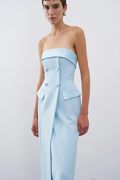 cercis Straplez Cep Kapaklı Uzun Abiye Elbise