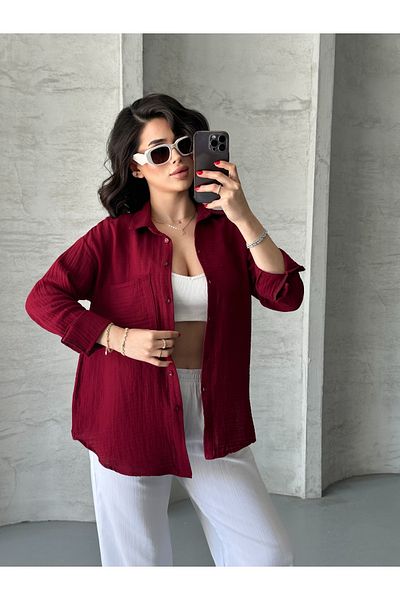 Moda Palmiss Cămașă oversize din țesătură de muselină de damă Bordeaux