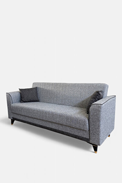 Niron Sandıklı Yataklı 3'lü Kanepe - Gri Keten Kumaşlı Yüksek Ayaklı Çekyat, Üç Kişilik Koltuk