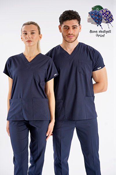 Lion Üniforma Lacivert Dr. Greys Modeli Likralı Hemşire Forması Unisex Yarasa...