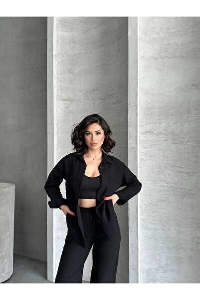 Moda Palmiss Kadın Siyah Müslin Kumaş Oversize Gömlek
