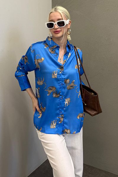 Madmext Cămașă din satin albastru leopard Mad Girls Mg187