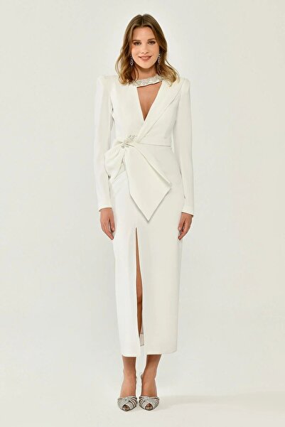 ALFABETA Slit Midi Evening Dress with Window Detail