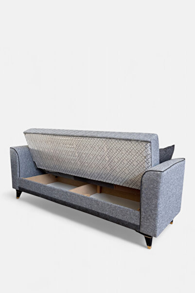 Niron Sandıklı Yataklı 3'lü Kanepe - Gri Keten Kumaşlı Yüksek Ayaklı Çekyat, Üç Kişilik Koltuk