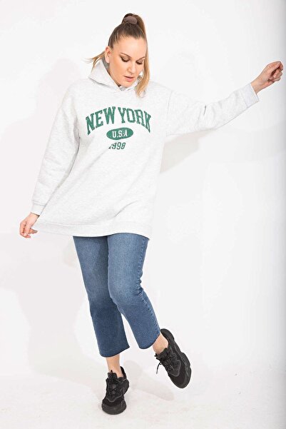 Şans Жіночий великий розмір сірий 3 нитки з шардоном товстий світшот 65n35491