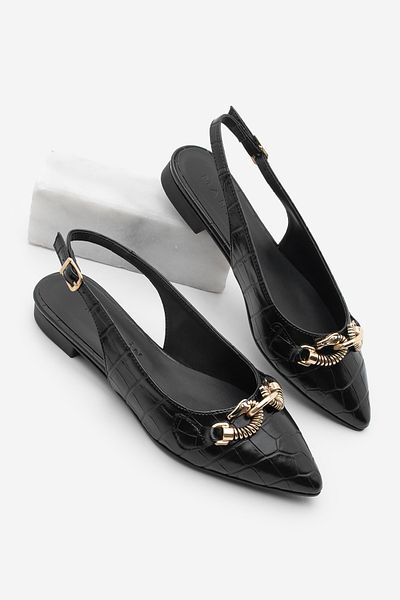 Marjin Schwarze Kroko-Daily-Ballerinas für Damen von Nelis mit Schal-Schnalle