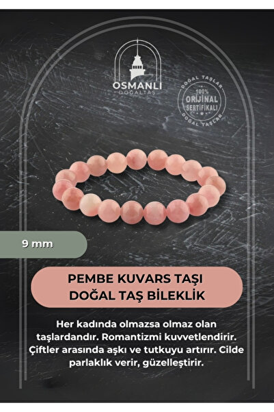 OSMANLI DOĞAL TAŞ Sertifikalı Pembe Kuvars Taşı Doğal Taş Bileklik 9mm B130