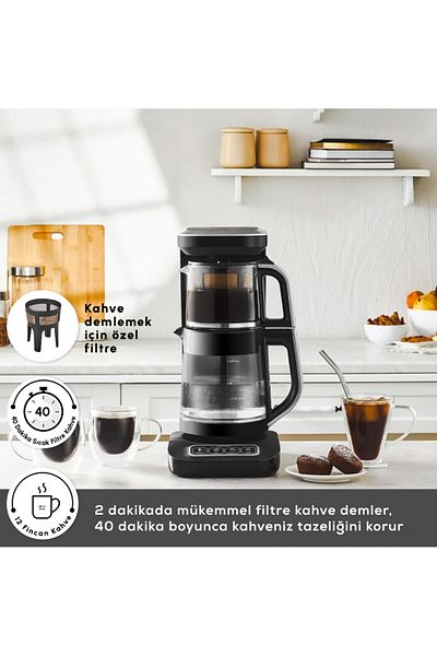 Karaca Çaysever Robotea Pro 4-in-1 sprechender Tee und Filterkaffeeautomat 2500W Space Gray, Teeaufb