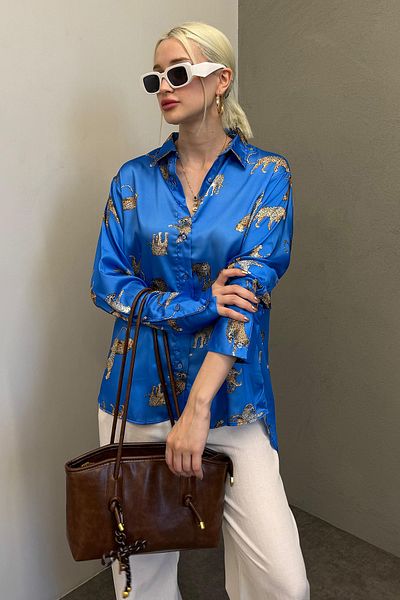 Madmext Cămașă din satin albastru leopard Mad Girls Mg187