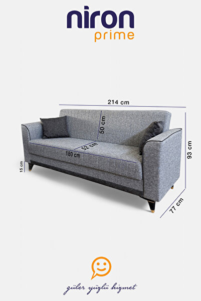 Niron Sandıklı Yataklı 3'lü Kanepe - Gri Keten Kumaşlı Yüksek Ayaklı Çekyat, Üç Kişilik Koltuk