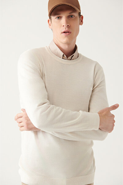 Avva Men's White Crew Neck Wool Blended Knitwear Sweater E 005013