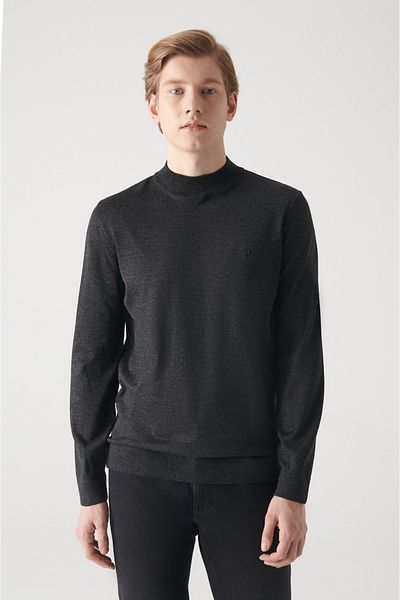 Avva Men's Anthracite Half Turtleneck Wool Blended Knitwear Sweater E 005015