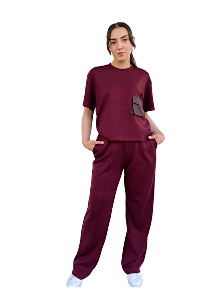 Bordo Renk Cep Detaylı Eşofman Takımı