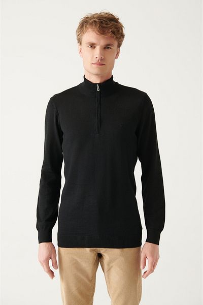 Avva Men's Black Stand Collar Wool Blended Knitwear Sweater E 005019