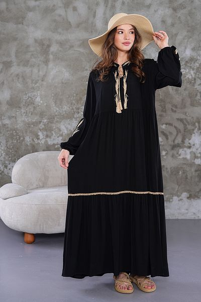 EL jadida Women's Embroidered Tassel Plus Size Hijab Dress Black