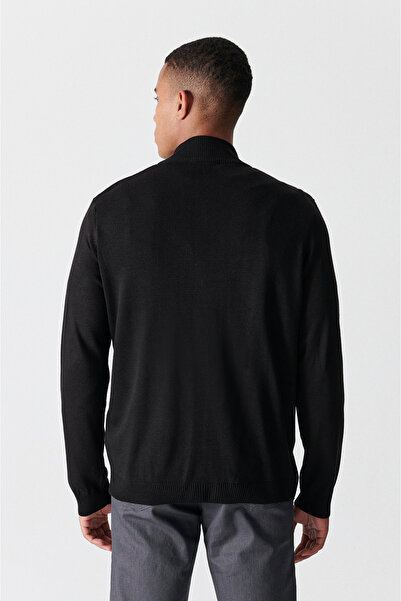 Avva Men's Black Stand Collar Zippered Basic Cardigan E 005004