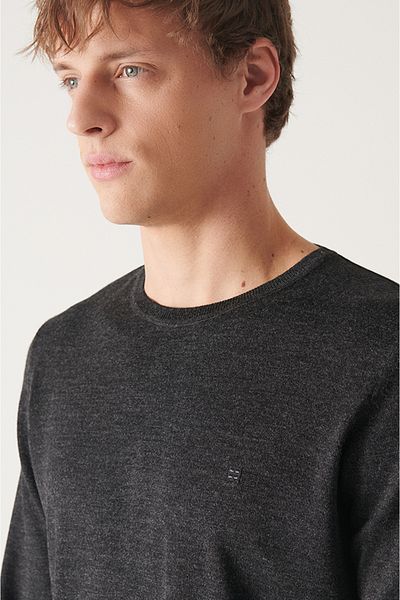 Avva Men's Anthracite Crew Neck Wool Blended Knitwear Sweater E 005013