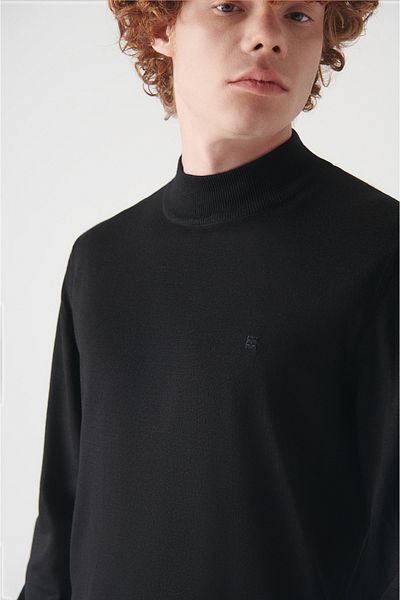 Avva Men's Black Half Turtleneck Wool Blended Knitwear Sweater E 005015
