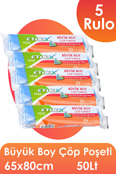 Ethex Standart Büyük Boy Çöp Torbası (10 Adet 65 x 80cm 50lt MAVİ 5 Rulo)