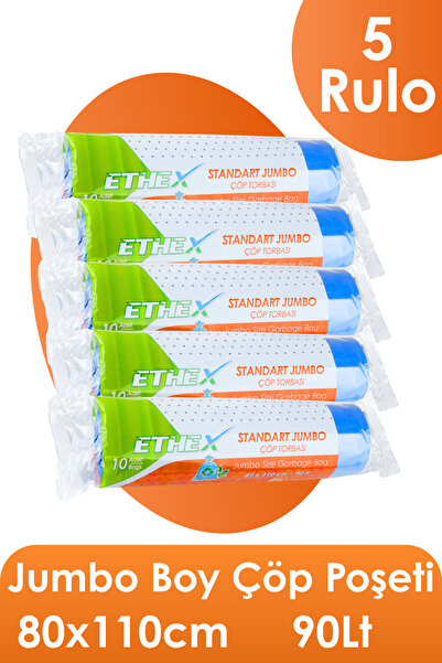 Ethex Standart Jumbo Çöp Torbası - (10 ADET, 80X110 CM, 90 LİTRE, MAVİ, 5 RULO)