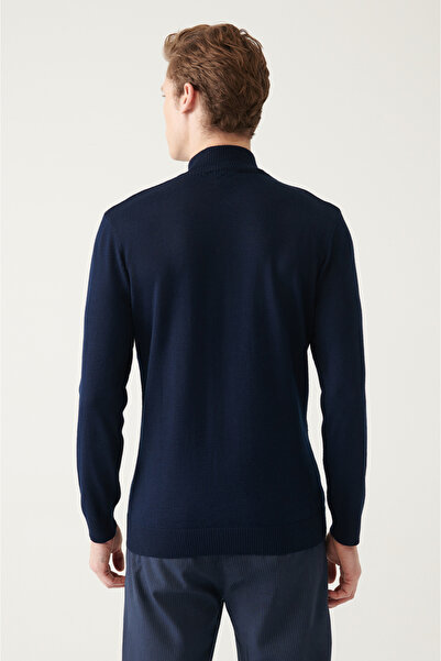 Avva Men's Navy Blue Stand Collar Wool Blended Knitwear Sweater E 005019