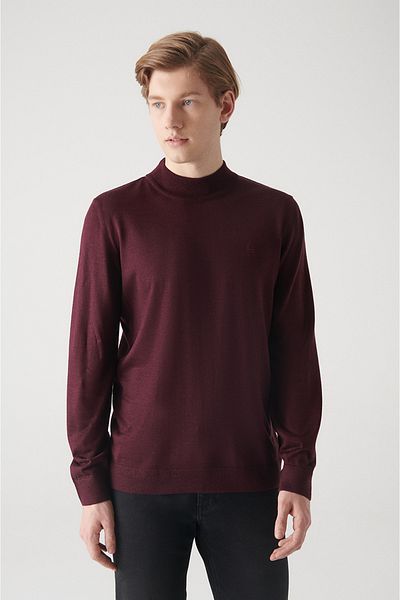 Avva Men's Burgundy Half Turtleneck Wool Blended Knitwear Sweater E 005015