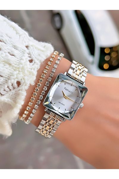 Ferrucci Steel Cord Cutout Glass Square Case Special Design Women's Wristwatch with 2 Years Warranty