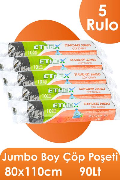 Ethex Standard Jumbo Garbage Bag - (10 Pieces, 80X110 Cm, 90 Liters, Black 5 Rolls)