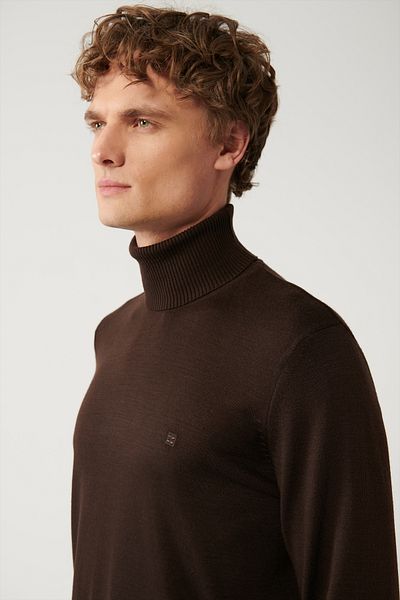 Avva Men's Brown Full Turtleneck Non-Pilling Knitwear Sweater E 005002