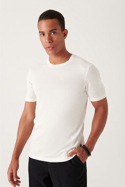 Avva Men's White Crew Neck Cotton Thin Knitwear T-Shirt E 005011