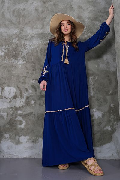 EL jadida Women's Embroidered Tassel Plus Size Hijab Dress Navy Blue