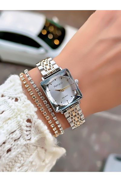 Ferrucci Steel Cord Cutout Glass Square Case Special Design Women's Wristwatch with 2 Years Warranty
