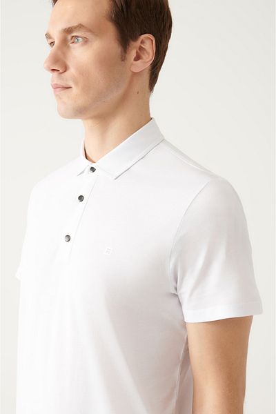 Avva White Polo Neck T-Shirt - 100% Cotton, 3 Snaps E 001033