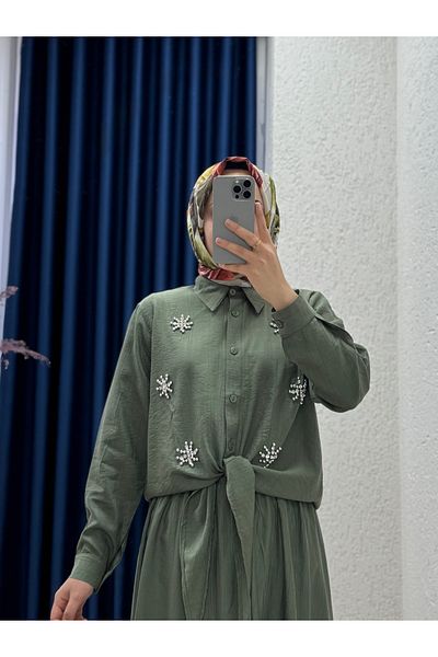 MİHRA STORE Dilfuruz Shirt with Stones and Tie Skirt Suit-Mf510 Khaki